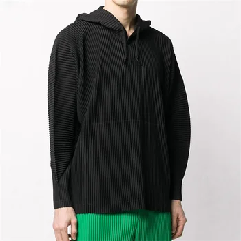 Нагънат, Lssey Miyake Homme, мъжки ежедневни пуловер с качулка, плиссированный текстилен топ, безплатно пуловер за улицата