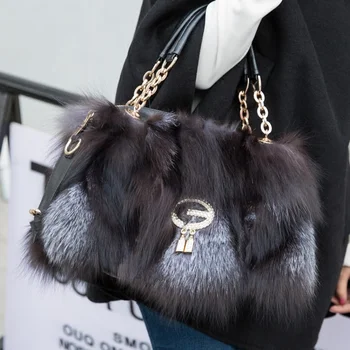 Нов луксозен дизайн на дамски зимни модни кожени чанти от естествена кожа чернобурки Чанта-тоут