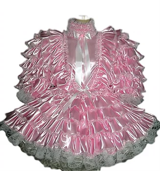 Нов розов атласное рокля за възрастни с кружевными волани и многоугольником за парти, костюм на камериерка на поръчка