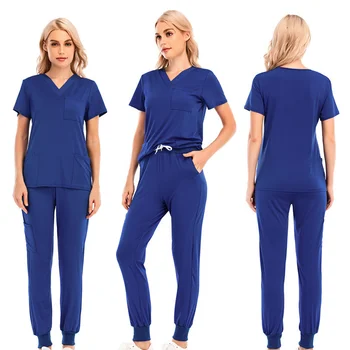 Нова дамски униформи за медицински сестри, V-образно деколте, къс ръкав, имат работни облекла, обикновена леки, дишащи блузи, панталони, меки костюм за работа