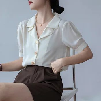 Нова лятна мода дамска блуза 2023, однотонная, с V-образно деколте и къси ръкави, елегантни минималистичные ризи и блузи за жени