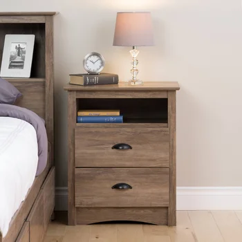Нощно шкафче за спалня Prepac Sonoma с 2 чекмеджета и отворени рафтове сив цвят