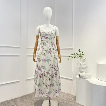 Памук 2023, ново записване, пролет-лято, висококачествено винтажное елегантна женствена рокля midi без ръкави с цветен принтом и завязками