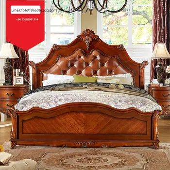 Резбовани кожено легло в американски стил, Класически дървен спален комплект вила е обзаведена с мебели за спалня.