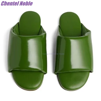 Реколта зелени чехли на равна подметка от лачена кожа с кръгло бомбе, удобна външна дамски обувки, модни летни обувки от естествена кожа в ретро стил