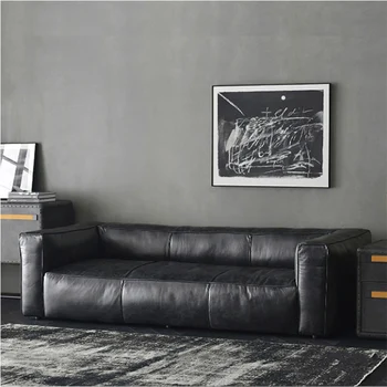 Ретро черен диван, луксозна кожена 3-местен минималистични диван, дървен дизайн, безплатна доставка, европейският диван, мебели за дома Soggiorno