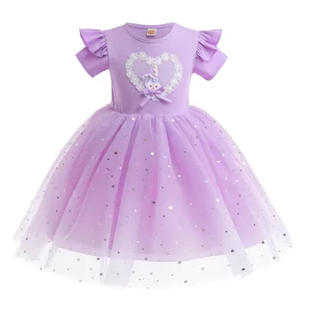Рокля за момичета, детски дрехи, детско принцеса рокля с къси ръкави, рокля на принцеса с пайети, лилаво градиентные газови рокли