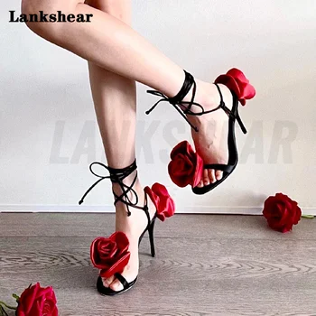 Сандали с цвете на червената роза, с препратка джапанки, обувки с високи токчета-висок ток, дамски лятна пикантни универсална обувки, размер Евро 35-39