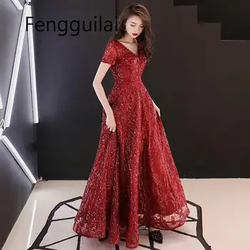 Сексуалното финото дантелено рокля с пайети, червена рокля с двойно V-образно деколте, вечерна рокля, китайското сватбена рокля за наздравици, подобрено рокля Qipao, размер S-XXL