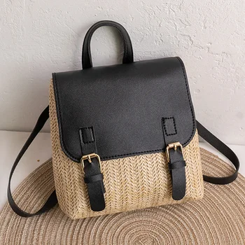 Сплетен раница от слама в ретро стил, женски модерен универсален портфейл от изкуствена кожа, елегантна тенденция чанта с нулев чантата