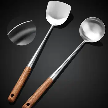 Стоманена кухненски тиган-на плешката, лъжица, китайски инструмент за готвене, трайни кухненски бар, безопасни инструменти с дървена дръжка K7N9