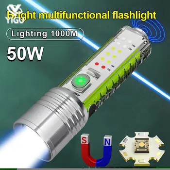 Супер ярки led фенерче с мощност 50 W, акумулаторна фенерче със странична подсветка, силни магнити, осветление, мини-мултифункционално фенерче с дължина 1000 м