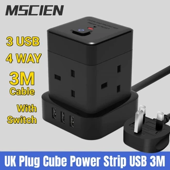 Удължител Cube Power Strip с 3 USB Порта един Кабел с дължина 3 М с долно Оттичане Прекъсвач на Контакта С Няколко Съединители Вертикален изход Изходна Мощност Зарядно Устройство
