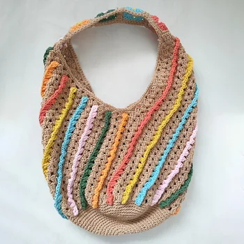 Цветни райета тканая чанта-кофа, вязаная на една кука чанта през рамо, артистична куха чанта ръчна изработка, големи плажни чанти за жени, чанта-тоут