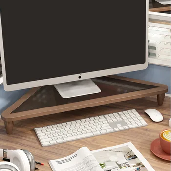 Ъглов компютърен монитор от масивно дърво, височина стойка за лаптоп, компютърна маса, офис стелажи за съхранение на работния плот