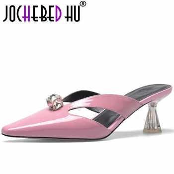【JOCHEBED HU】 Нова елегантна лятна марка обувки, дамски сандали от естествена кожа на висок ток с отворени пръсти, вечерни ежедневни чехли 33-40